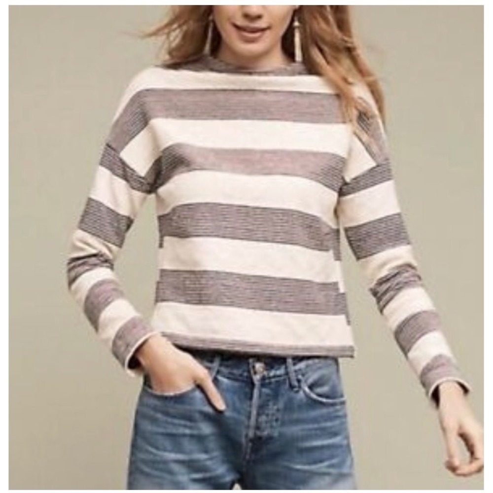 Eri + Ali Anthropology Striped Coastal Mock Pullover Top Womens XS Cream Navy